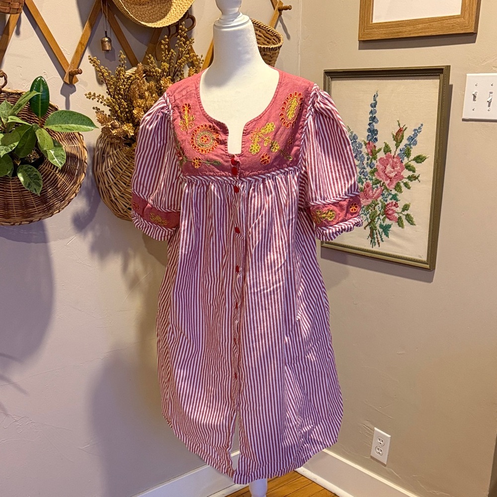 Pink and White Striped Women’s Dress Nightgown with Embroidered Details